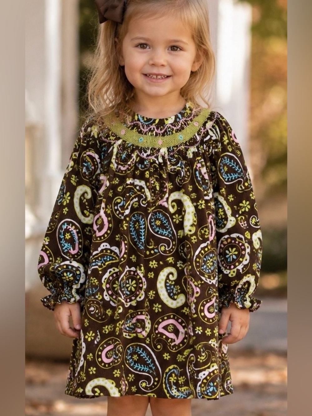 Zuccini Girls 4T Corduroy Paisley Smocked Dress Brown Fall Boutique
